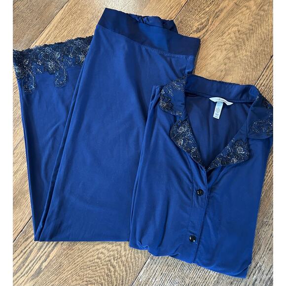 Soma Pajama Set Deep Blue with Black Silver Lace Accent Trim Stretch Sz L - Picture 1 of 9